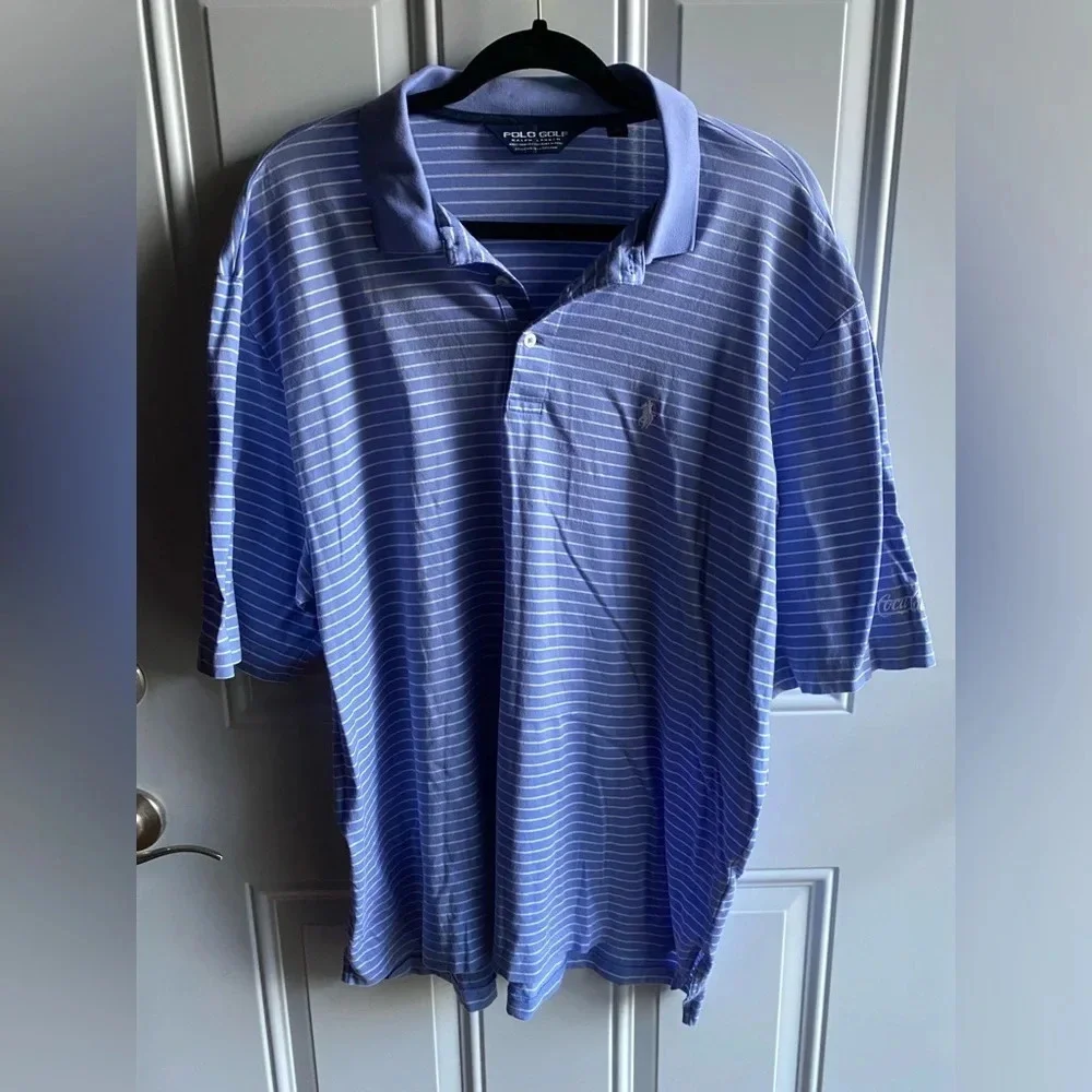 Polo Golf Ralph Lauren Shirt Mens XL Lt Blue White Striped Short Sleeve Stretch